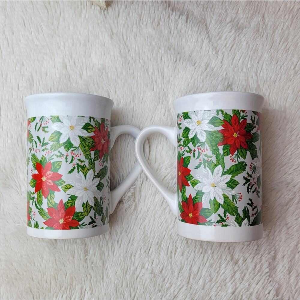 ROYAL NORFOLK Set Of 2 Ceramic Poinsettia Christmas Holiday Mugs - Picture 9 of 10
